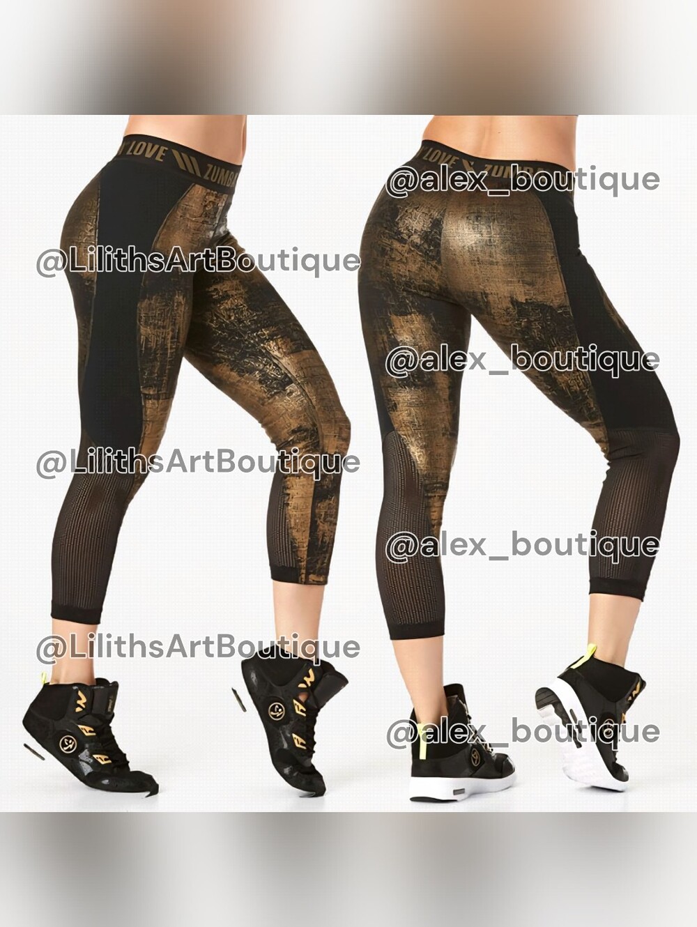 Zumba Love Panel Crop Capri Leggings Bold Black Gold Foil Size S (E008)